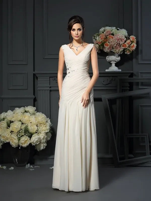 Chiffon V-neck Sleeveless Floor-Length Sheath With Beading Mother of the Bride Dresses