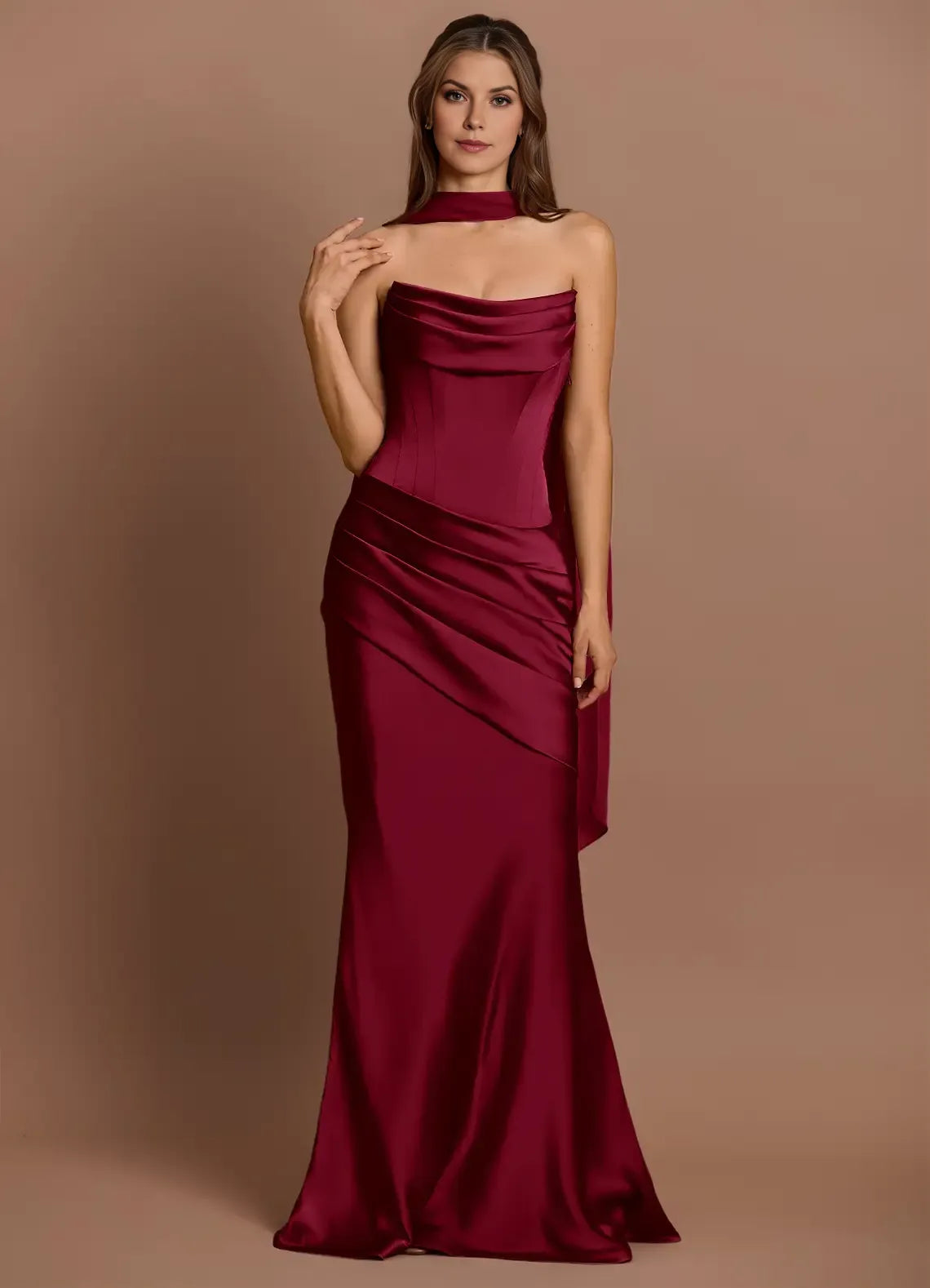 Choker Neck Satin Mermaid Cape Back Ruffled Side Floor Length For Ladies Prom Dress