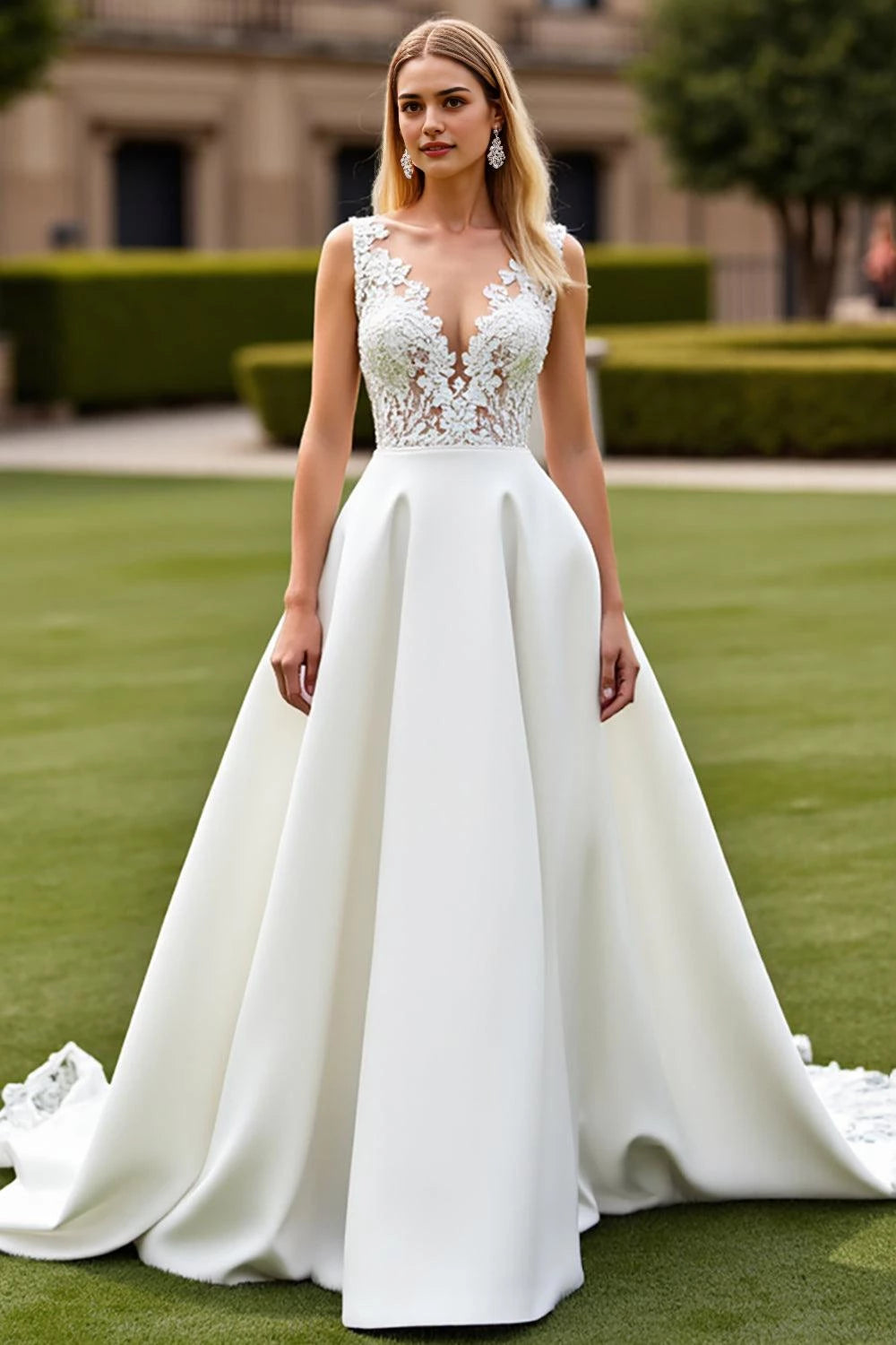 Classic Deep V Neck Sleeveless Open Back Floor Length Wedding Dress