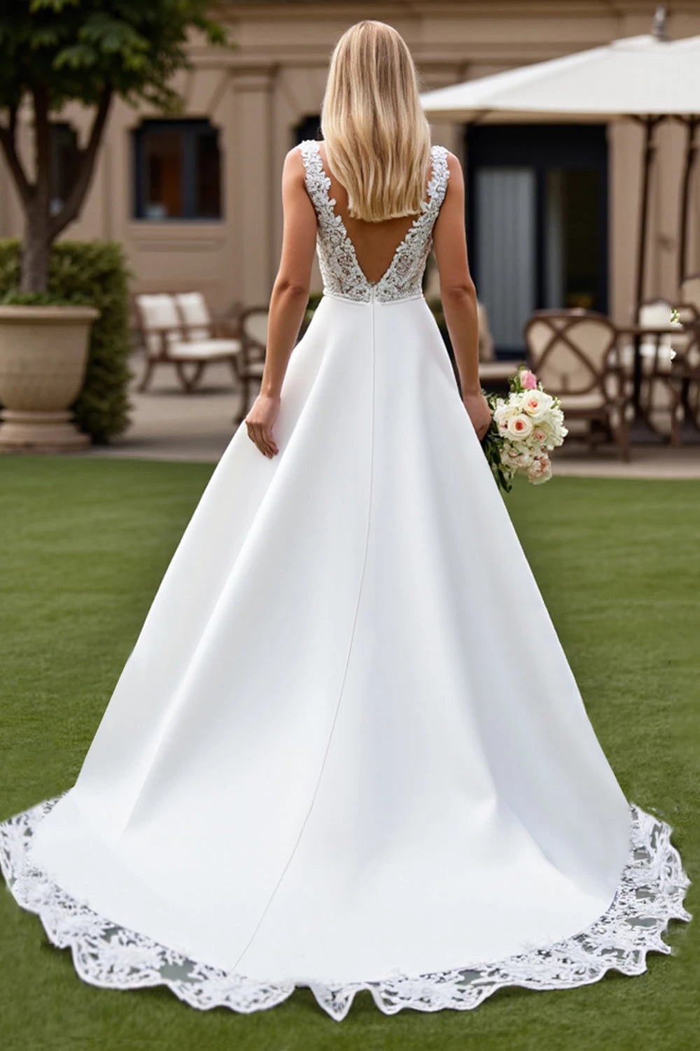 Classic Deep V Neck Sleeveless Open Back Floor Length Wedding Dress