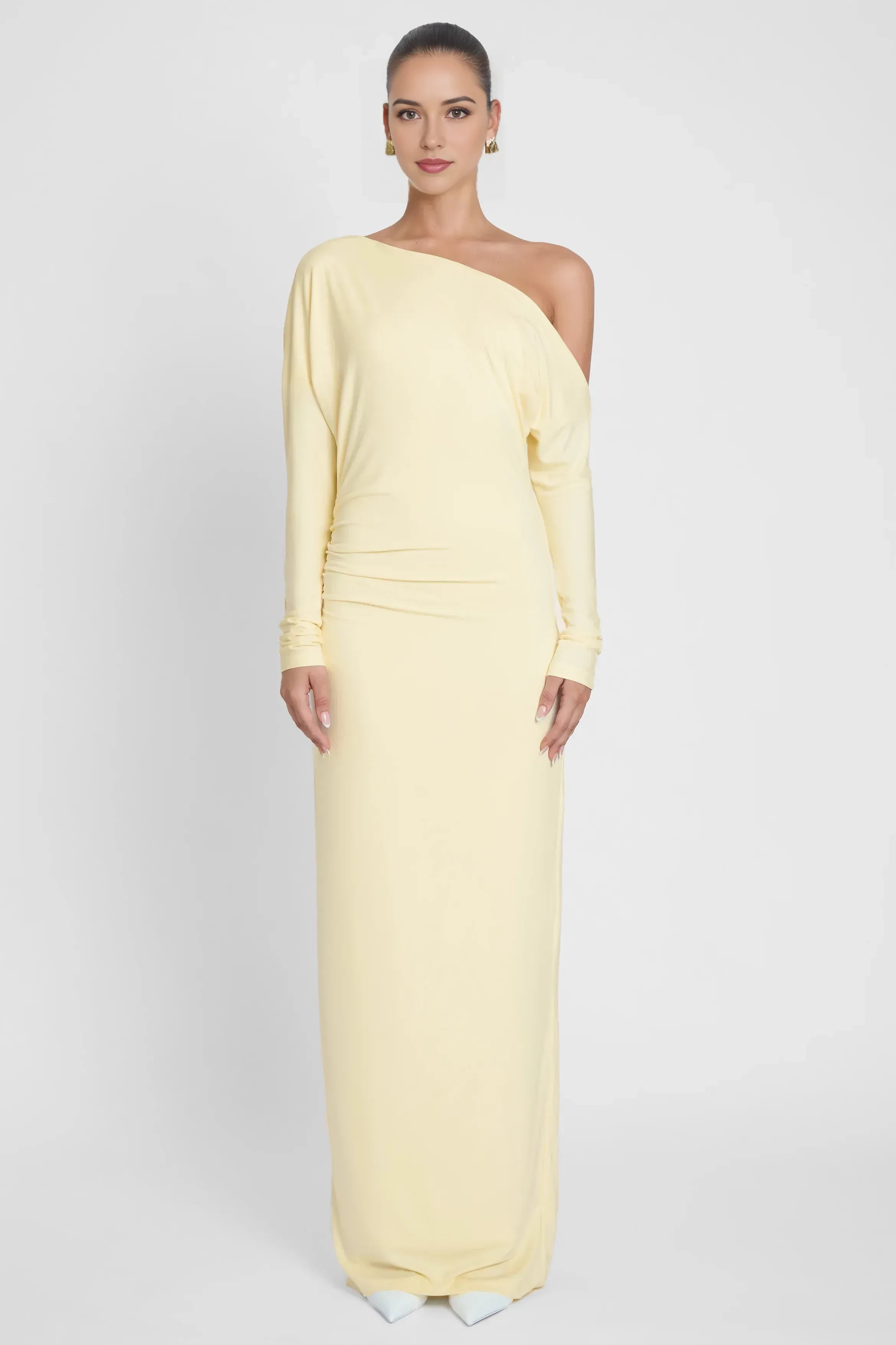 Classic Sheath Asymmetric Neck One Sleeve Ruched Bodice Floor Length Prom Dress