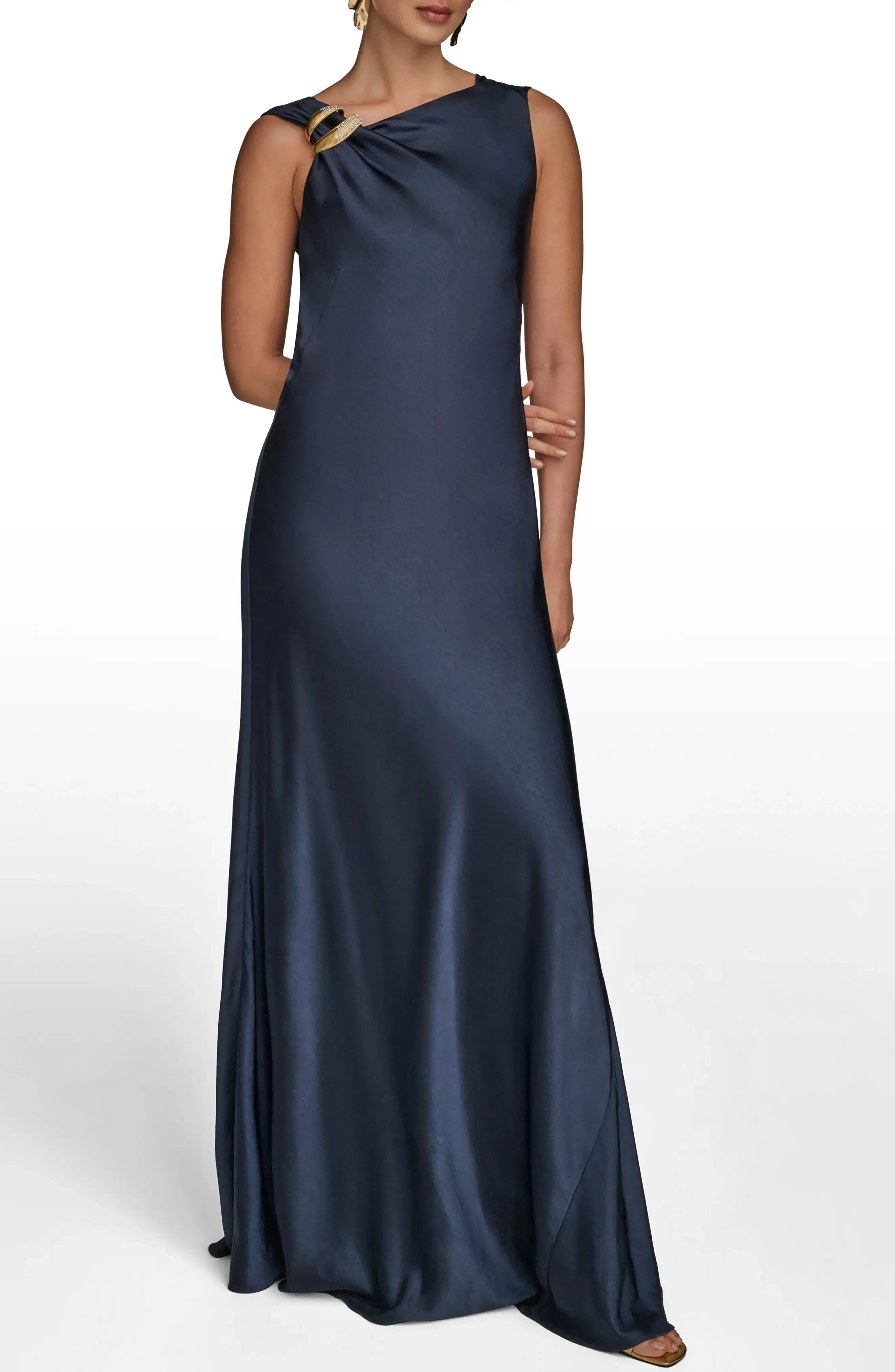 Classic Sheath One Shoulder Sleeveless Draped Back Floor Length Evening Dress