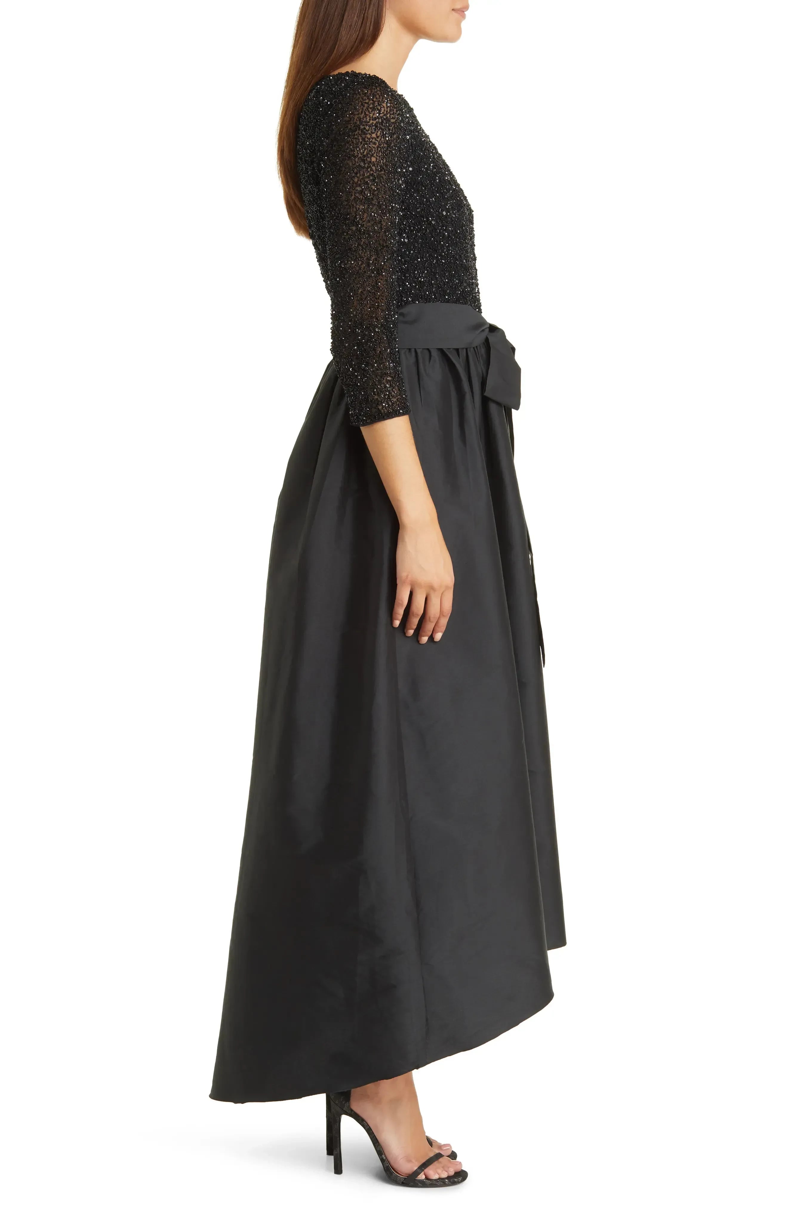 Classy Ball Gown Boat Neck Three Quarter Sleeve Zipper Back High Low Evening Dress