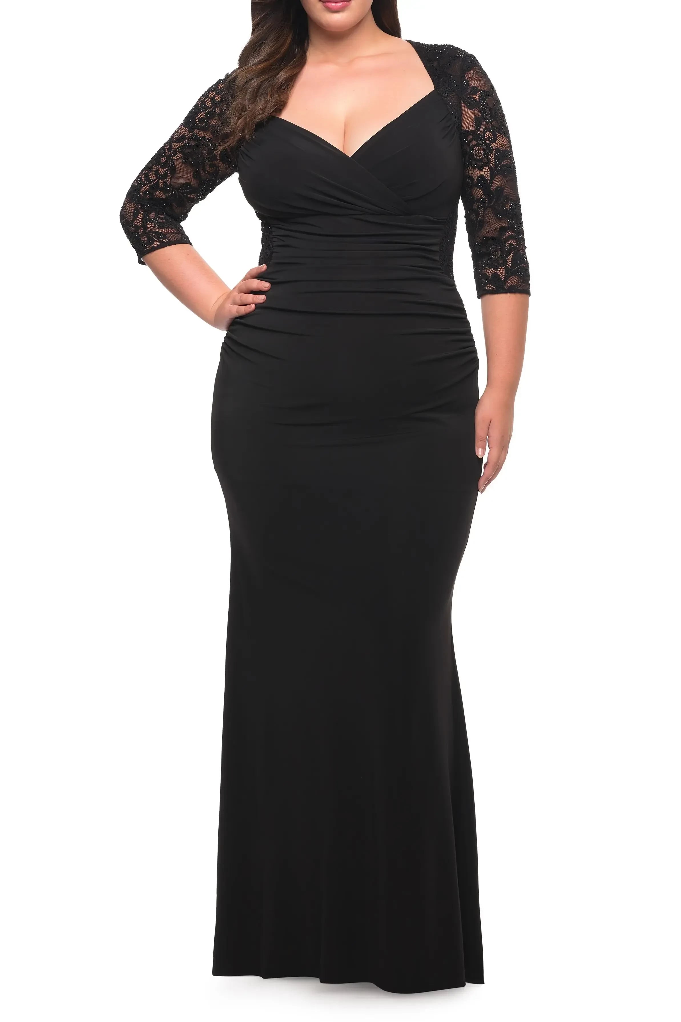Classy Mermaid V Neck 3/4 Lace Sleeve Ruched Back Floor Length Plus Size Evening Dress