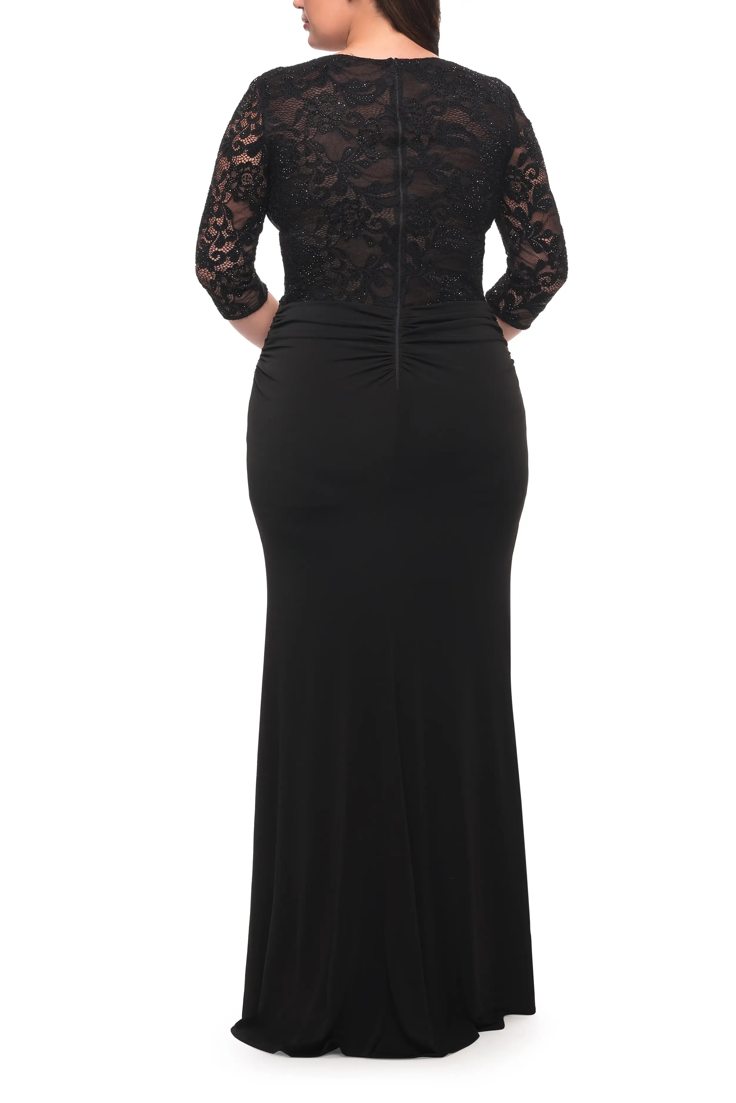 Classy Mermaid V Neck 3/4 Lace Sleeve Ruched Back Floor Length Plus Size Evening Dress
