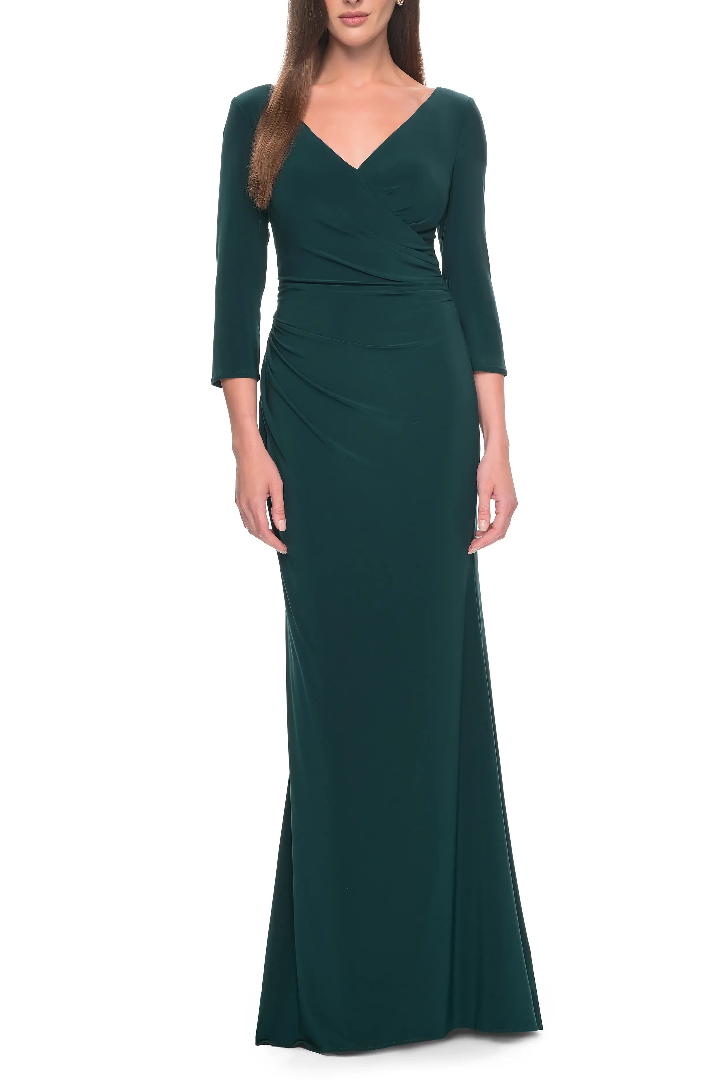 Classy Mermaid V Neck Three Quarter Sleeve Ruched Back Floor Length Evening Dress