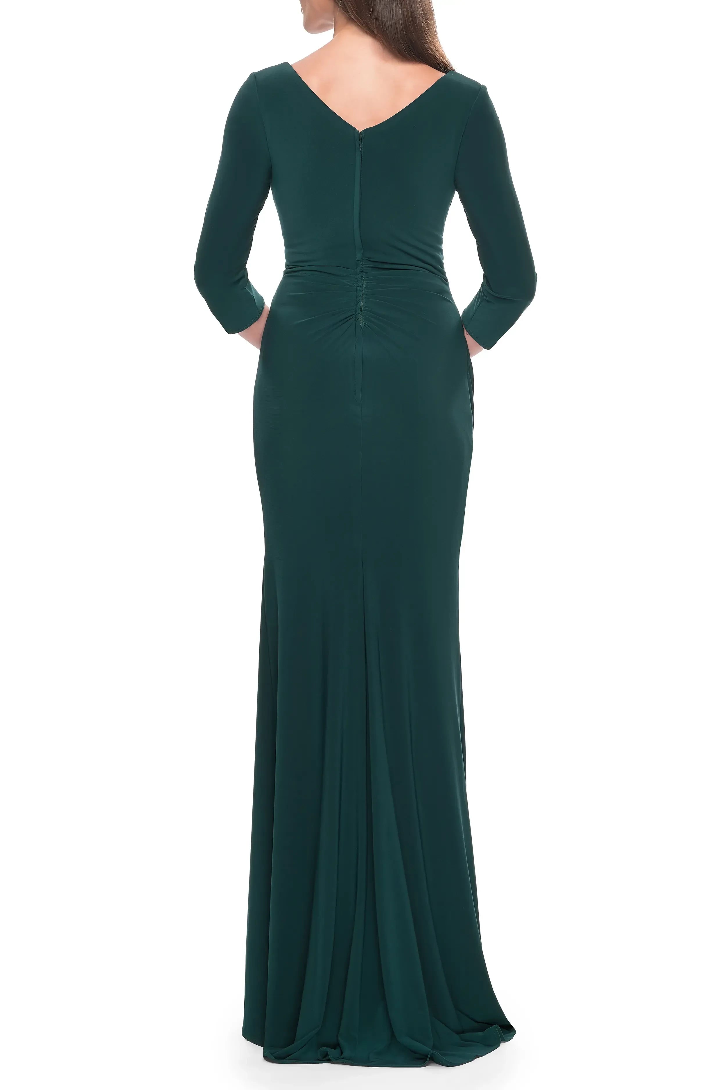 Classy Mermaid V Neck Three Quarter Sleeve Ruched Back Floor Length Evening Dress