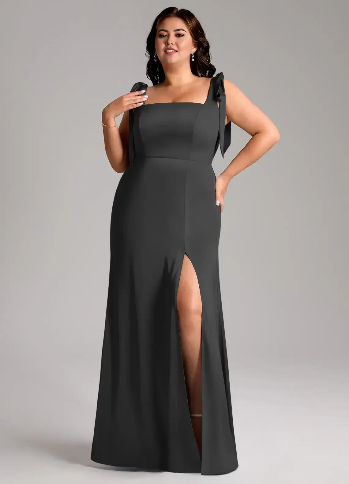 Classy Plus Size Sheath Square Neck Tie Strap Open Back Floor Length Bridesmaid Dress