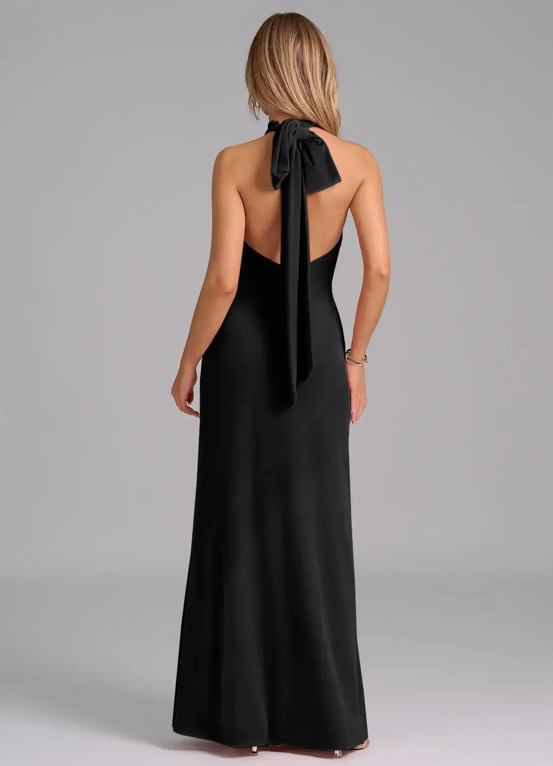 Classy Sheath High Neck Sleeveless Bow Back Floor Length Bridesmaid Dress