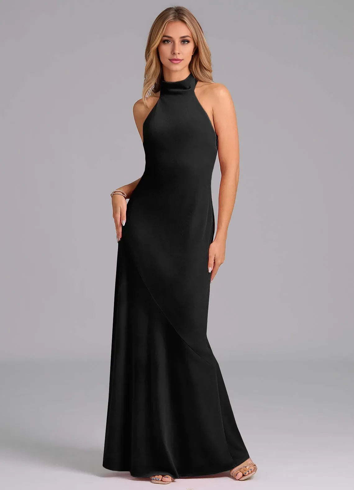 Classy Sheath High Neck Sleeveless Bow Back Floor Length Bridesmaid Dress