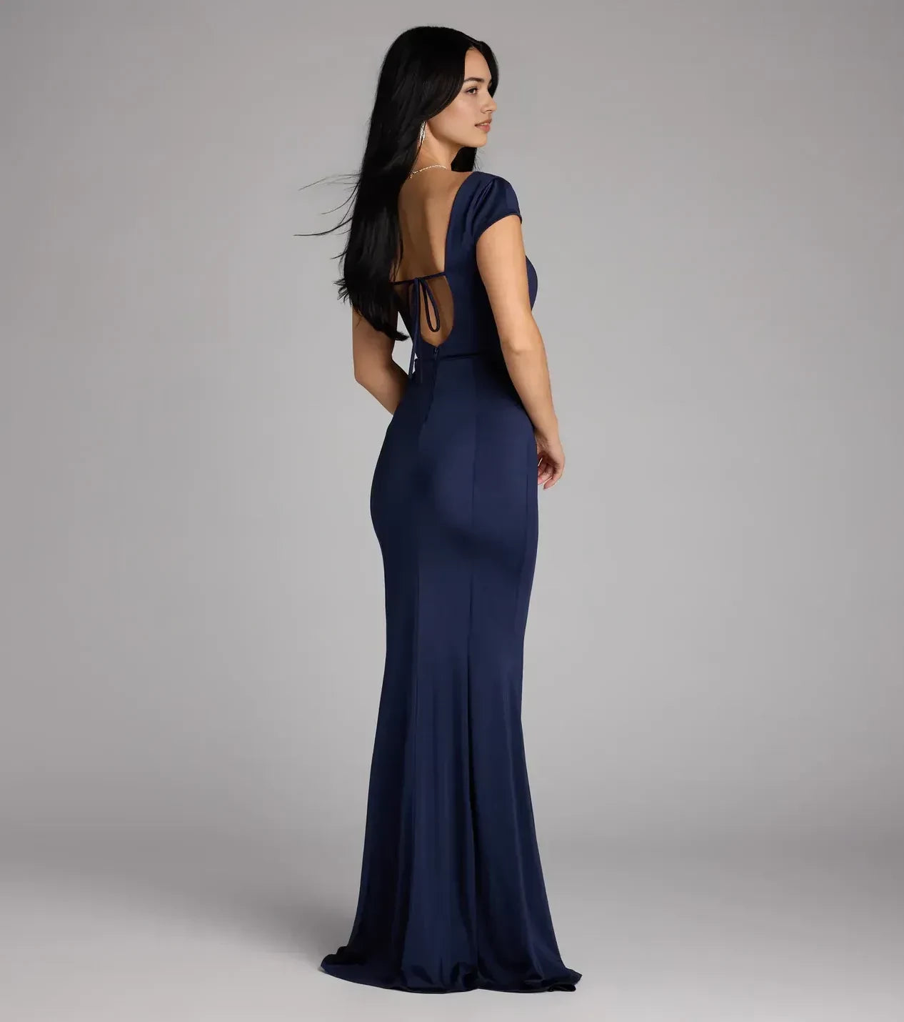 Classy Trumpet Square Neck Cap Sleeve Tie Back Floor Length Prom Dress
