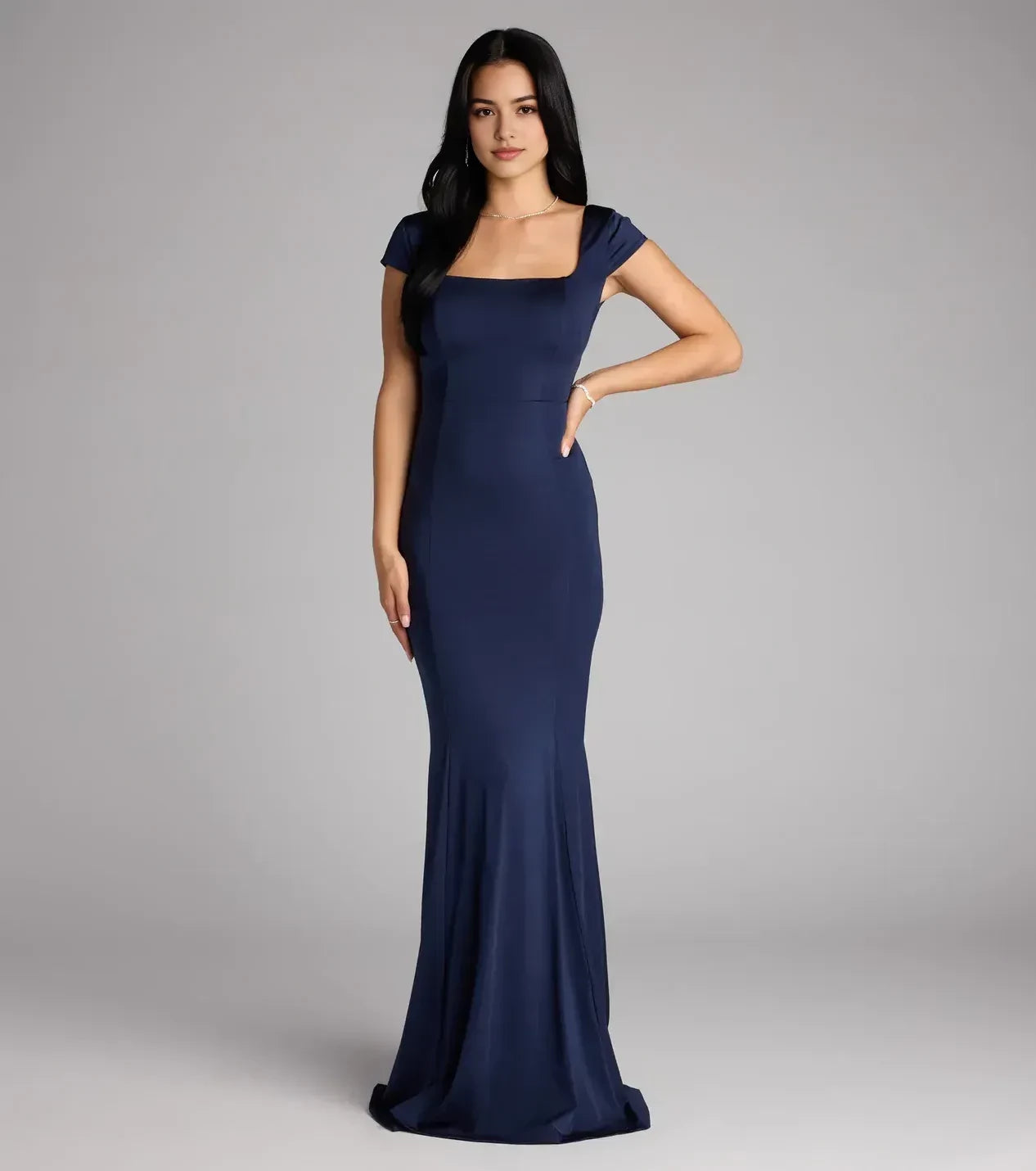 Classy Trumpet Square Neck Cap Sleeve Tie Back Floor Length Prom Dress