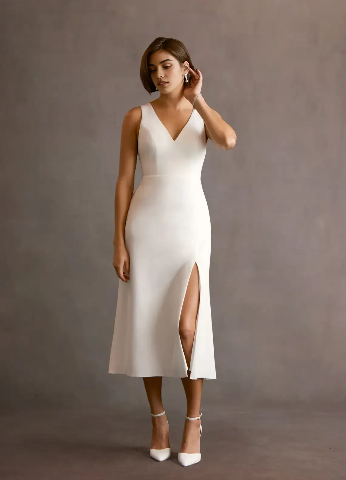 Clean Sheath V Neck Sleeveless Bow Cutout Back Midi Length Female Prom Dress