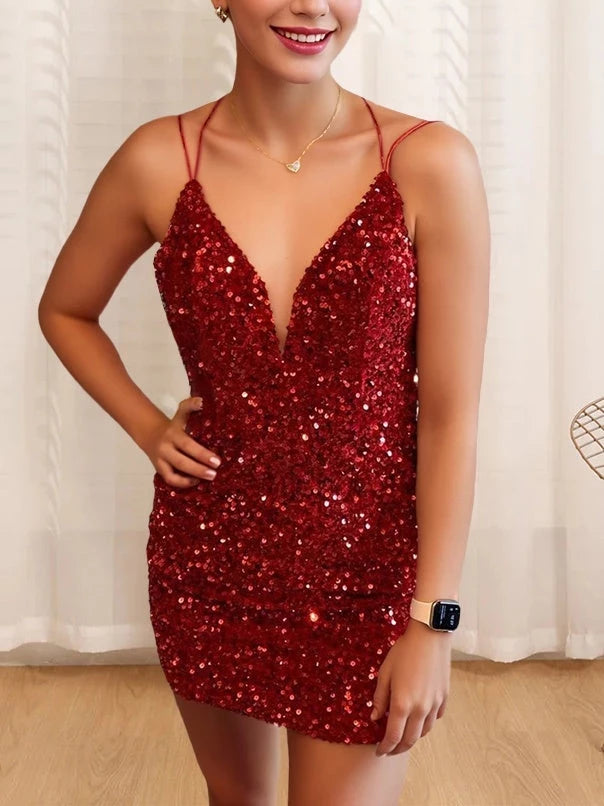 Column Burgundy Sequin Spaghetti Straps Sleeveless Short Party Dance Cocktail Homecoming Dress
