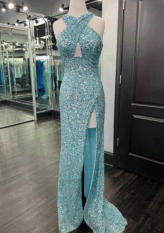Column Halter Sequins Split Side Sleeveless Floor-length Prom Dresse  Evening Dresses Party Dress