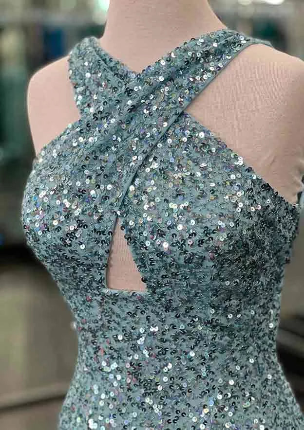 Column Halter Sequins Split Side Sleeveless Floor-length Prom Dresse  Evening Dresses Party Dress
