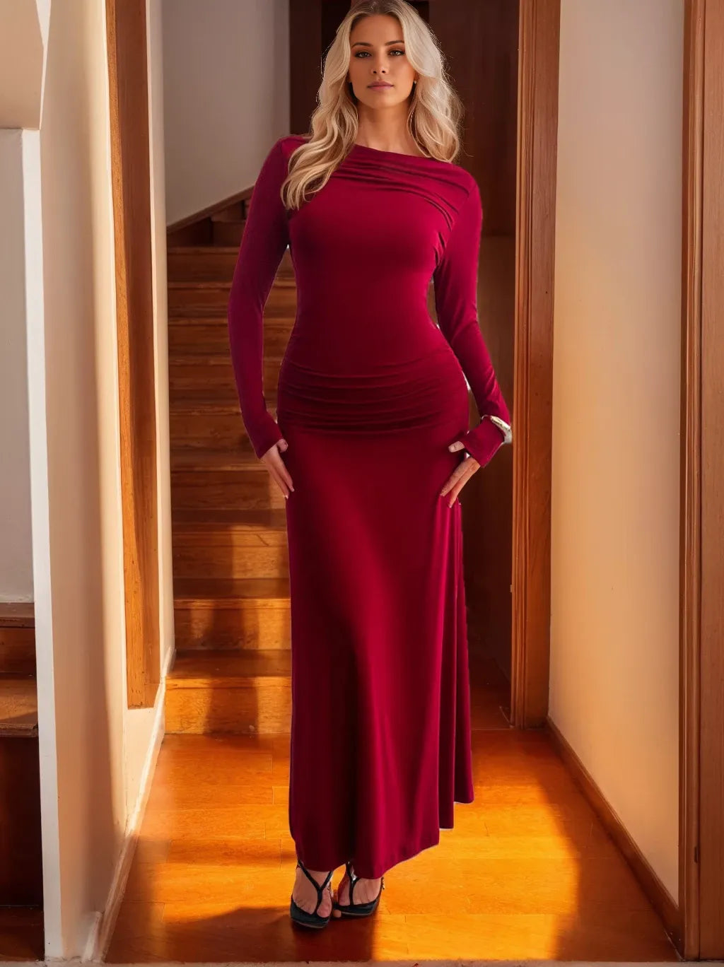 Column Jewel Neck Long Sleeves Ankle-Length Evening Dresses