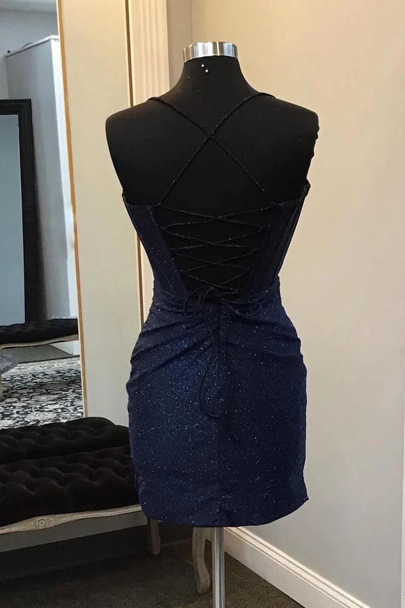 Column Navy Blue Spaghetti Straps V-Neck Sleeveless Mini with Drapes Pleats Beading Party Dance Cocktail Homecoming Dress