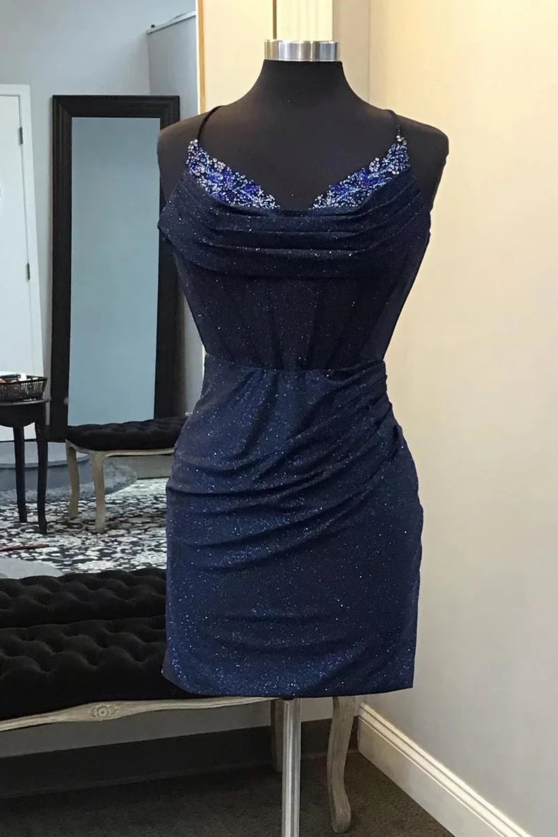 Column Navy Blue Spaghetti Straps V-Neck Sleeveless Mini with Drapes Pleats Beading Party Dance Cocktail Homecoming Dress