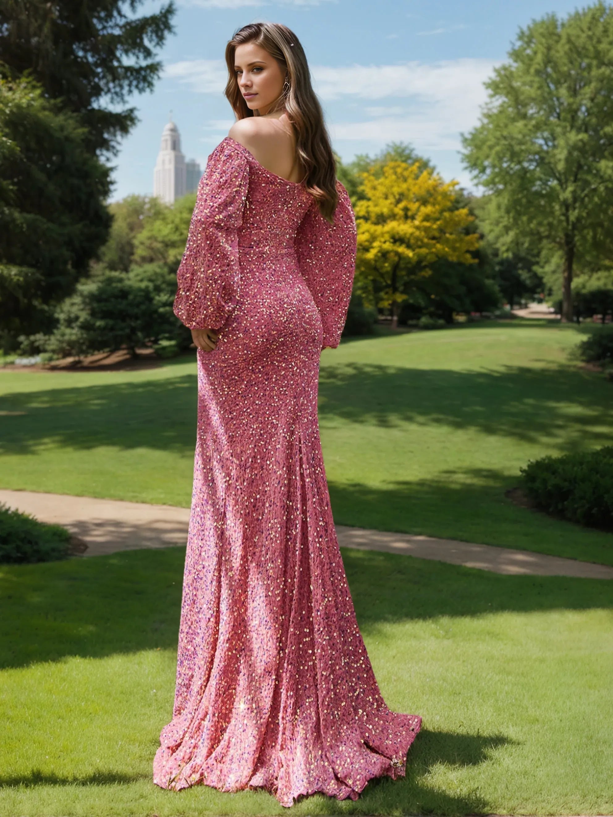 Column Off-the-Shoulder Long Sleeves Floor-length Long Prom With Sequins Evening Dresses