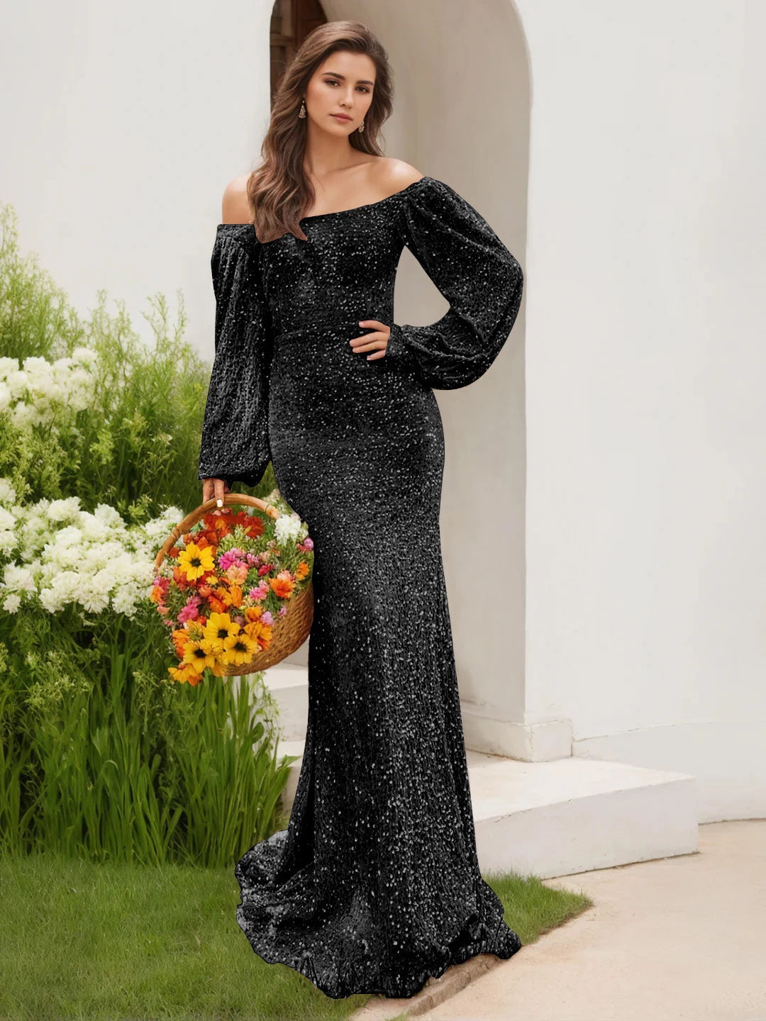 Column Off-the-Shoulder Long Sleeves Black Floor-length Long Prom With Sequins Evening Dresses