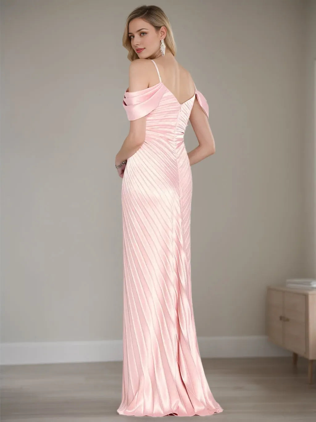 Column Off-the-Shoulder Scoop Short Sleeves Pink Floor-Length With Ruffles Evening Dresses Prom Dress