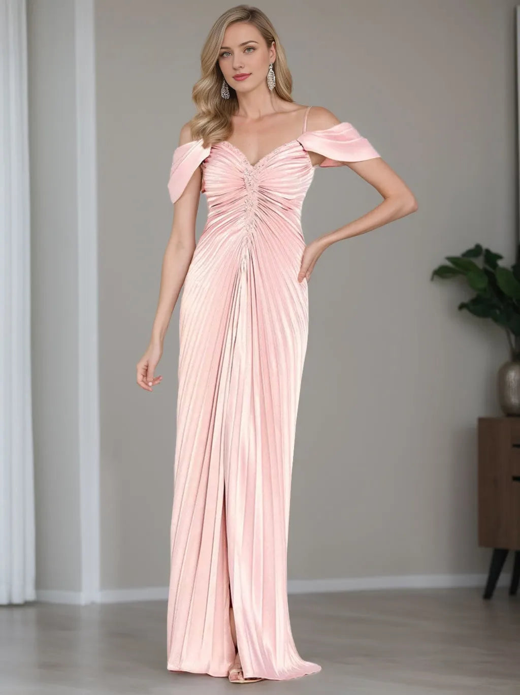 Column Off-the-Shoulder Scoop Short Sleeves Pink Floor-Length With Ruffles Evening Dresses Prom Dress