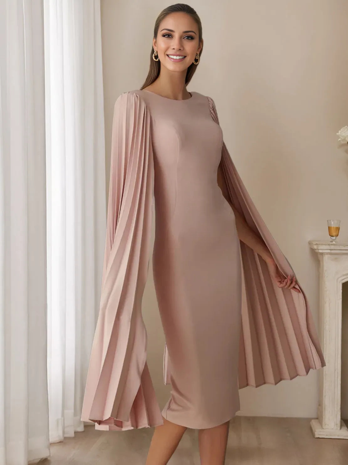 Column Scoop Pleated Long Sleeves Tea Length Evening Dresses