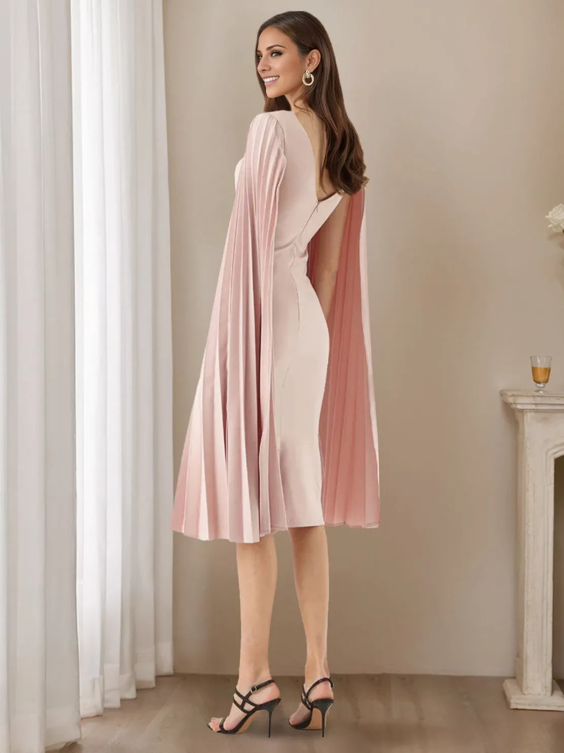 Column Scoop Pleated Long Sleeves Tea Length Evening Dresses
