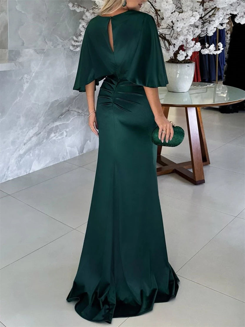 Column Scoop Short Sleeves Floor-Length Belt Evening Dresses Prom Dresses