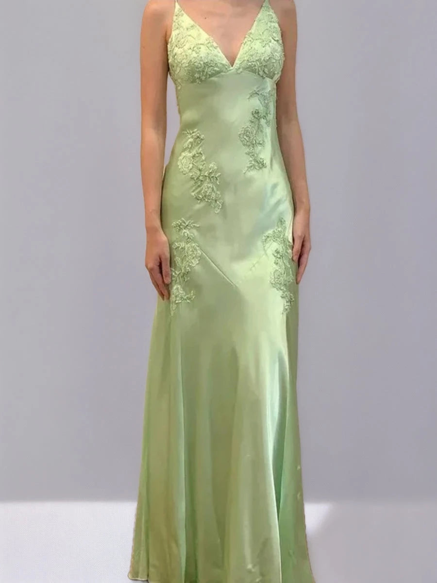 Column Spaghetti Straps Backless Sleeveless with Appliques Self-tie Evening Dresses Party Dress Prom Dresses