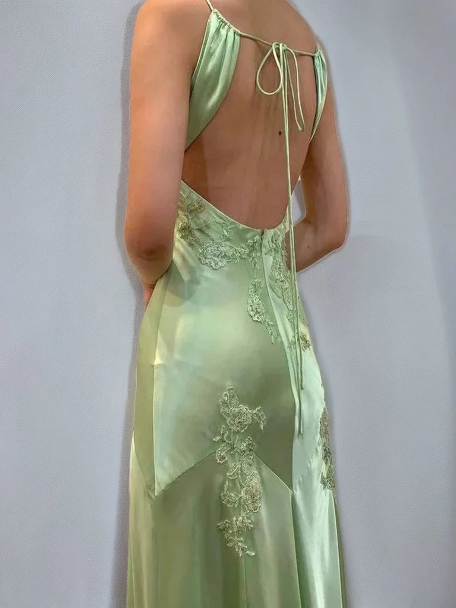 Column Spaghetti Straps Backless Sleeveless with Appliques Self-tie Evening Dresses Party Dress Prom Dresses