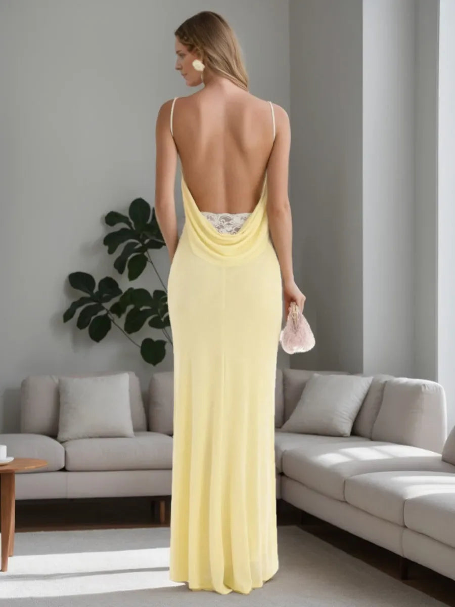 Column Spaghetti Straps Sleeveless Ruched Backless Floor-length with Lace Prom Dresses
