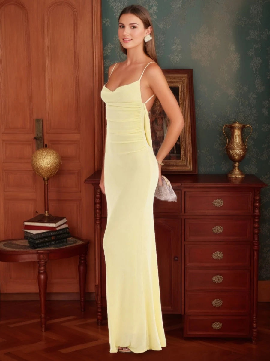 Column Spaghetti Straps Sleeveless Ruched Backless Floor-length with Lace Prom Dresses