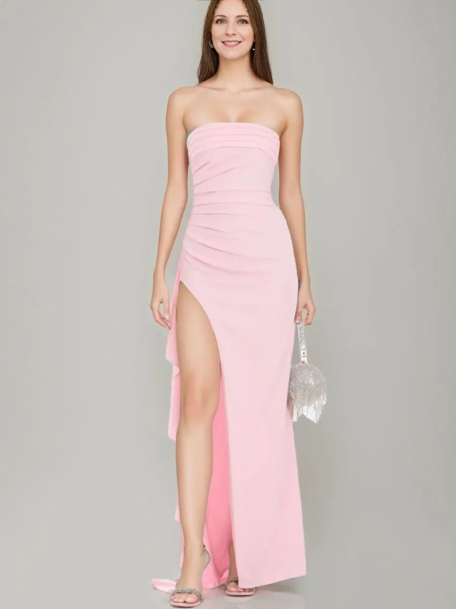 Column Strapless Ruched Asymmetrical with Ruffles High Side Slit Prom Dresses
