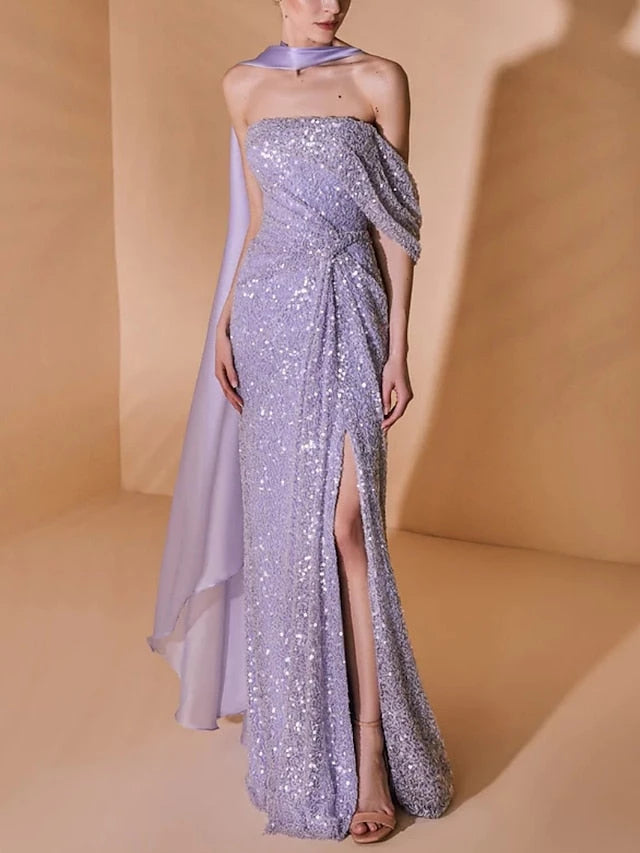 Column Strapless Sequins Floor-length Split Side Prom Dresses Evening Dresses Party Dress
