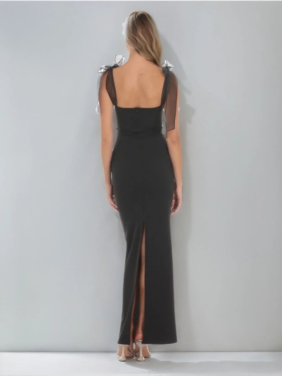 Column Sweetheart Ruched with Bowknot Straps Slit Prom Dresses Evening Dresses Party Dress