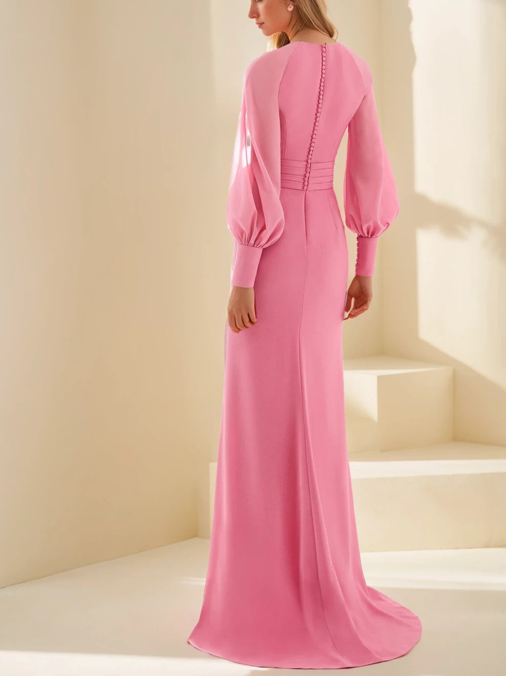 Column V-Neck Long Sleeves Floor-Length Unique with Ruffle Evening Dresses