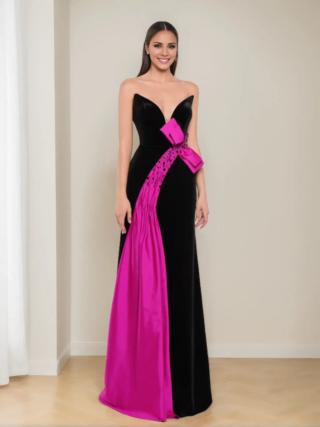 Column V-Neck Sleeveless Floor-Length Long Prom With Bowknot Evening Dresses