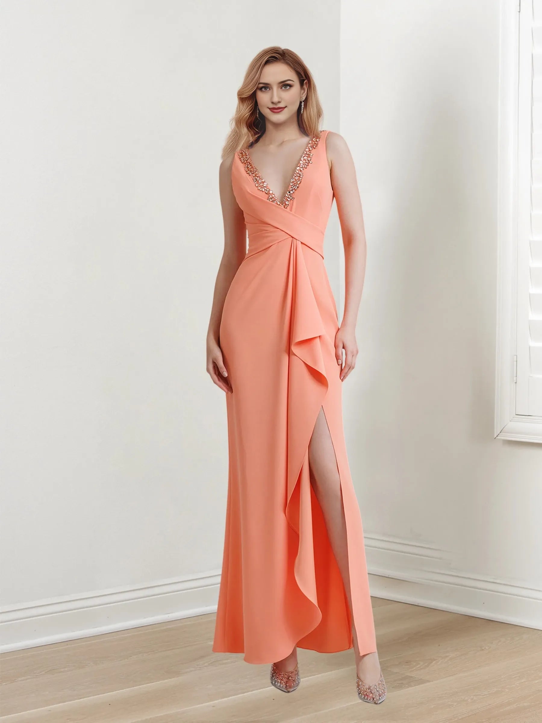 Column V-Neck Sleeveless Floor-Length Long with Split Side Evening Dresses
