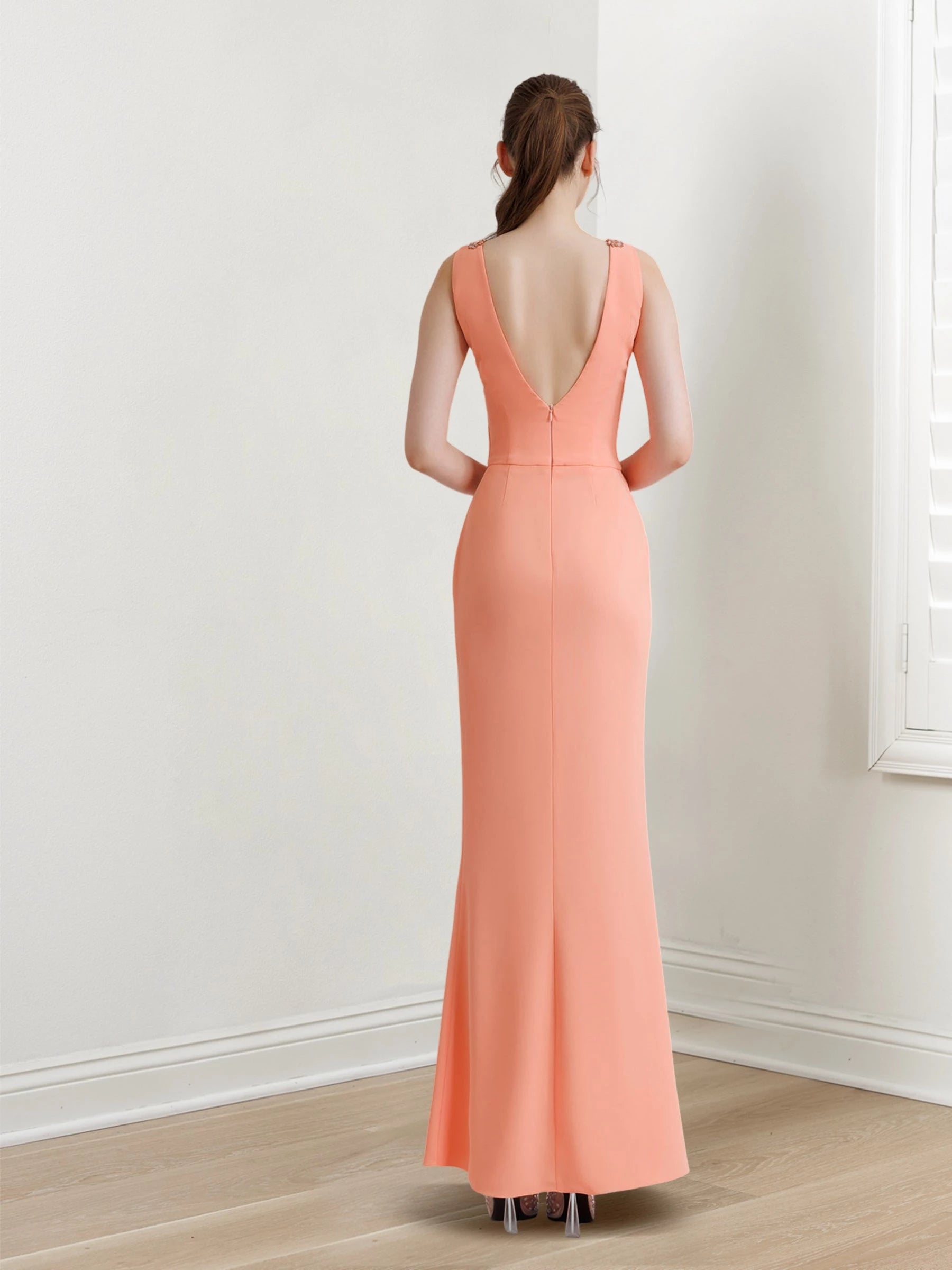 Column V-Neck Sleeveless Floor-Length Long with Split Side Evening Dresses
