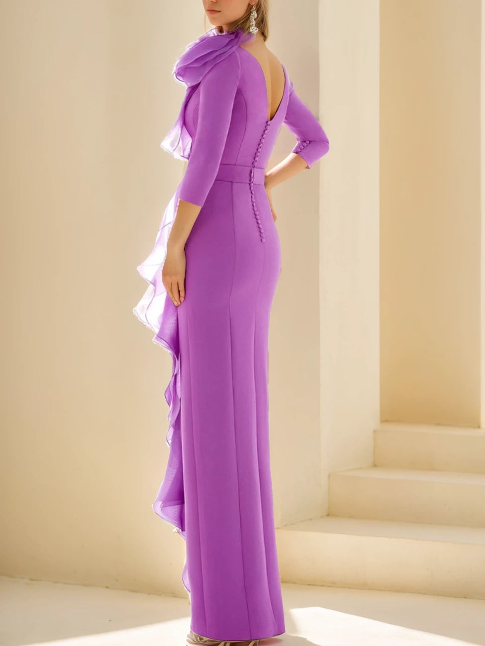 Column Jewel Neck Long Length Sleeves Floor-Length Long with Ruffles Evening Dresses