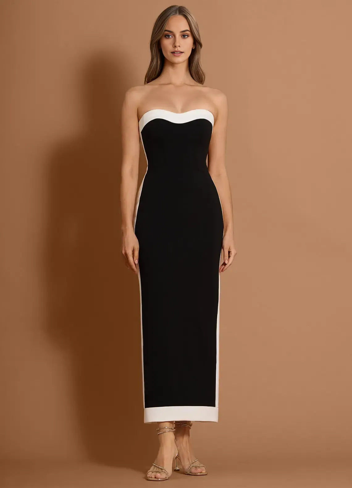 Contrast Trim Sheath Sweetheart Sleeveless Open Back Midi Length For Sale Prom Dress