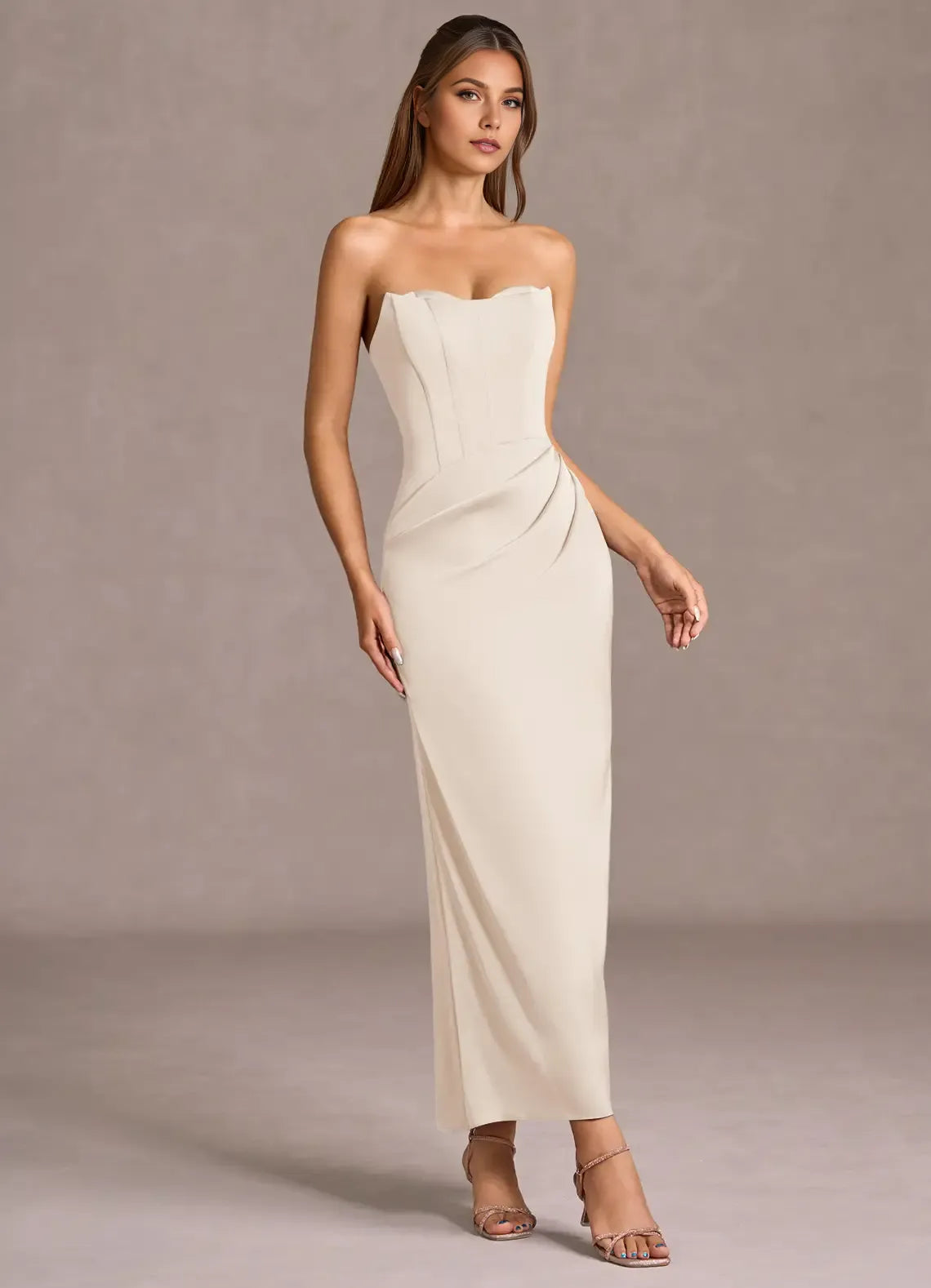 Convertible Strap Strapless Sheath Ruched Side High Slit Midi Length For Ladies Prom Dress