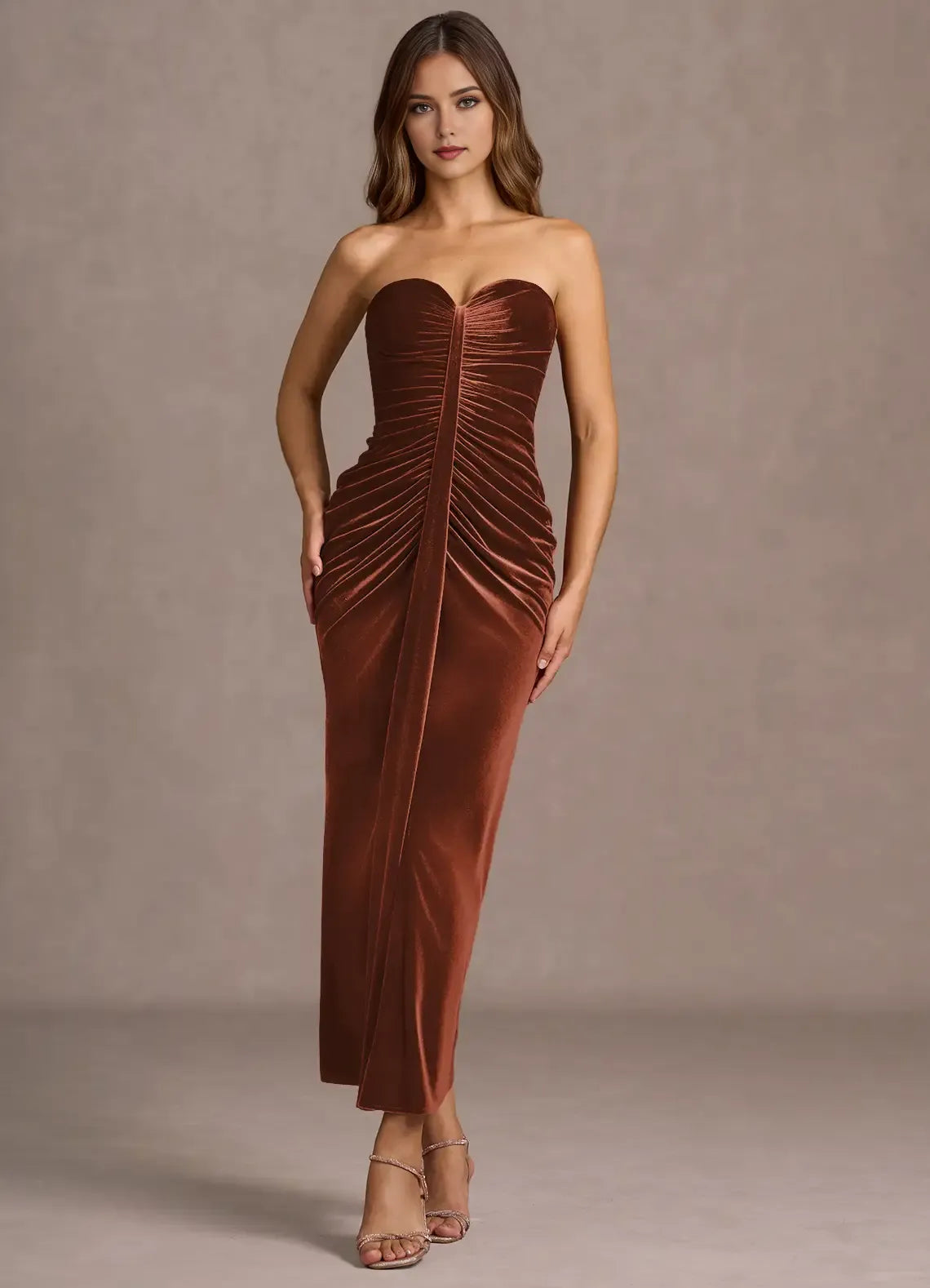 Convertible Strap Strapless Velvet Sheath Ruched Bodice Open Back Midi Length For Ladies Prom Dress ﻿