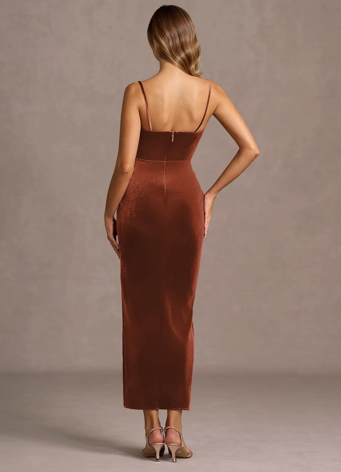 Convertible Strap Strapless Velvet Sheath Ruched Bodice Open Back Midi Length For Ladies Prom Dress ﻿