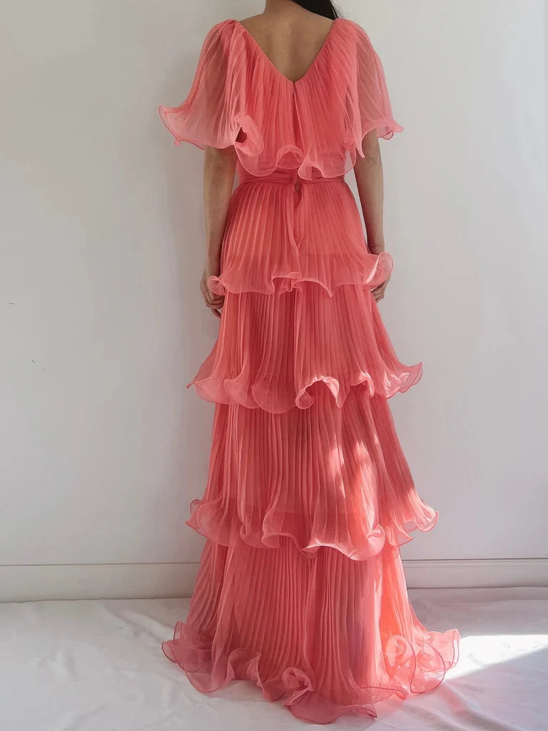 Coral Pink Chiffon A Line V Neck Simple Short Sleeves Long Floor length Prom Dress Cocktail Dress Homecoming Dress Evening Dress