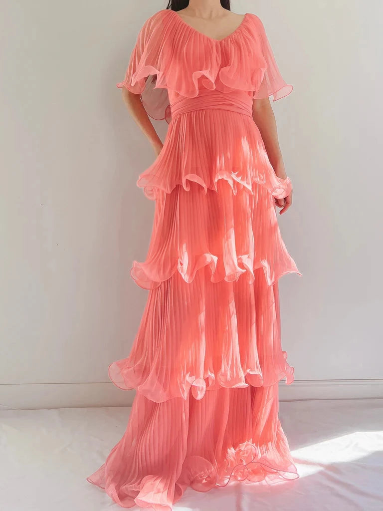Coral Pink Chiffon A Line V Neck Simple Short Sleeves Long Floor length Prom Dress Cocktail Dress Homecoming Dress Evening Dress