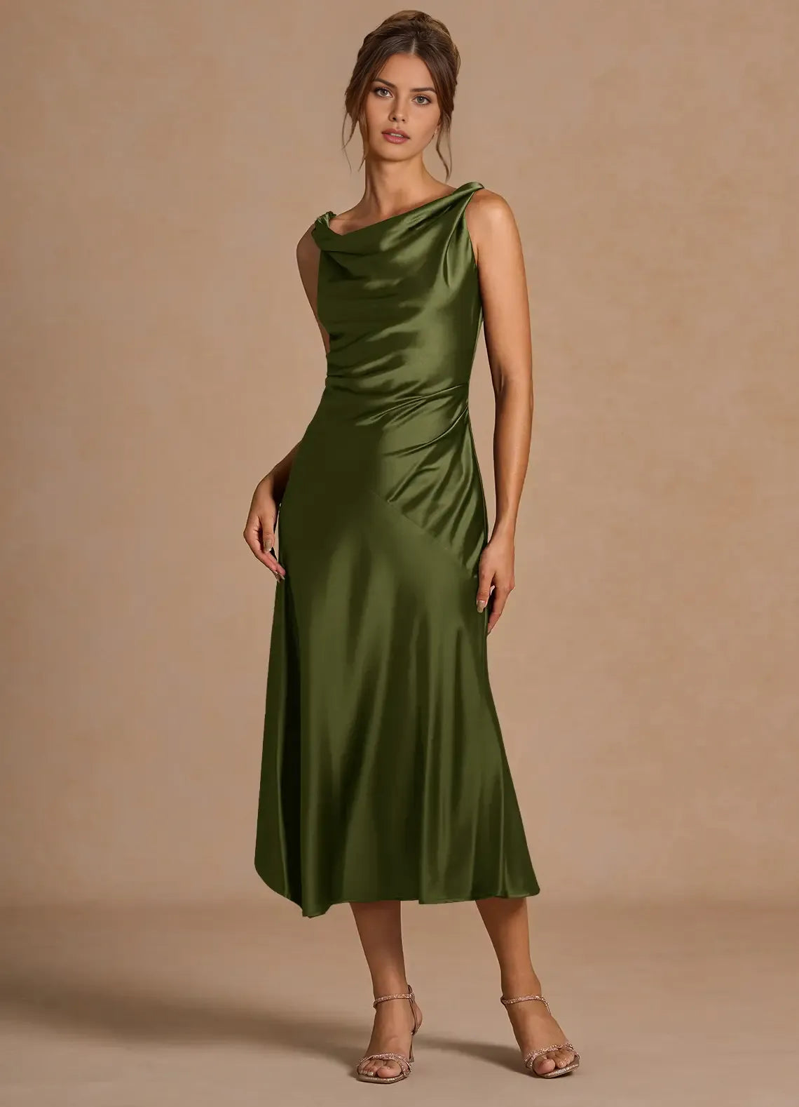 Cowl Neck Satin Sheath Asymmetrical Hem V Back Midi Length Female Prom Dress