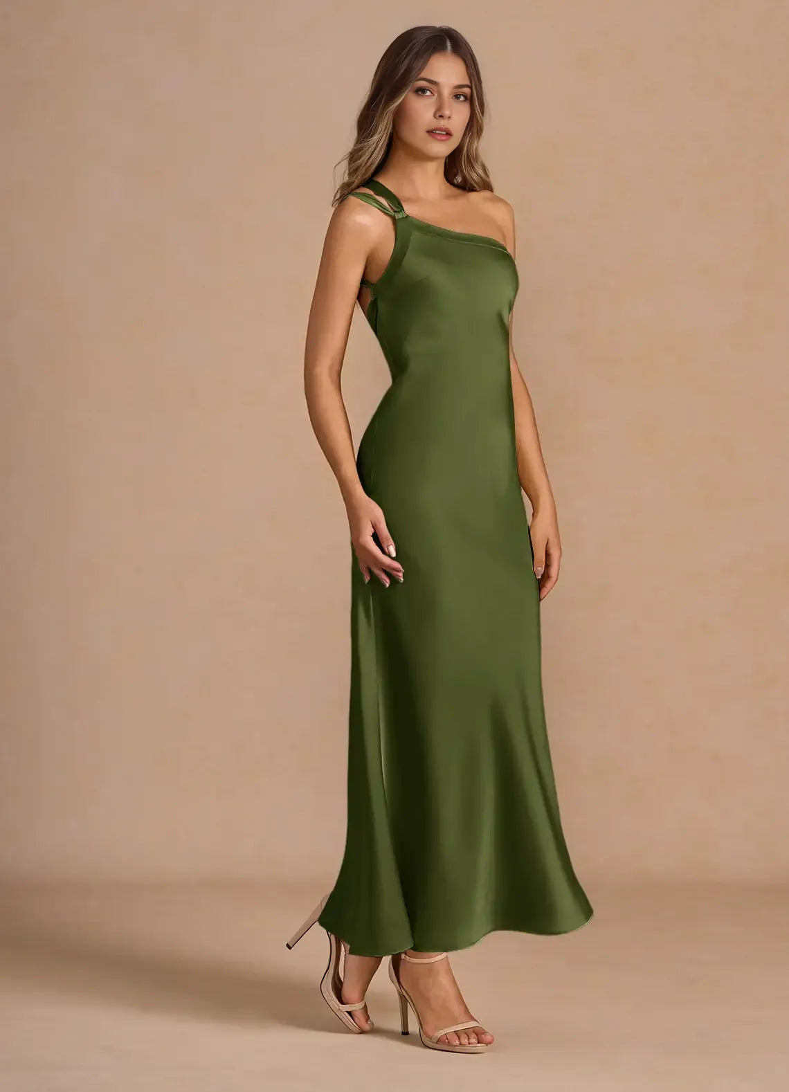 Cross Strap One Shoulder Satin Sheath Cut Out Back Midi Length Hot sale Prom Dress